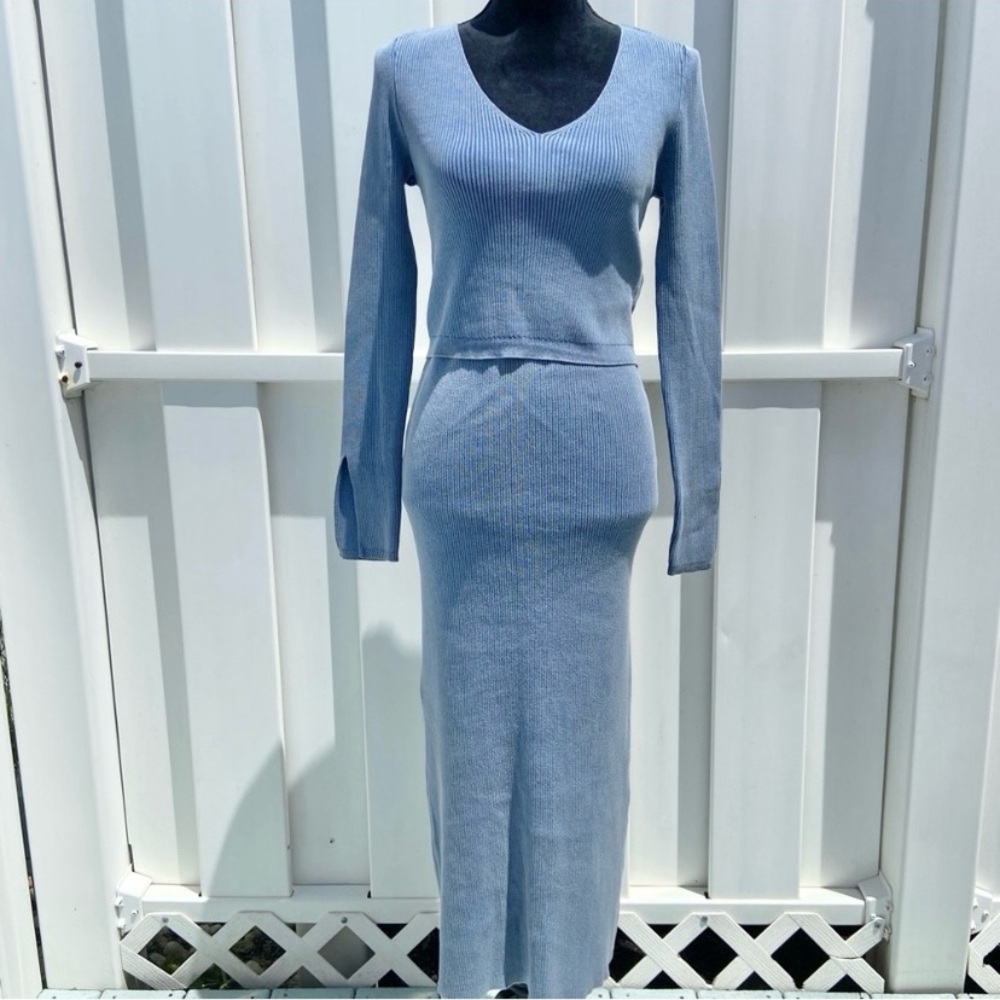 House of Harlow 1960 Ribbed Knit Skirt Set Slate Blue Size Small NEW with Tags